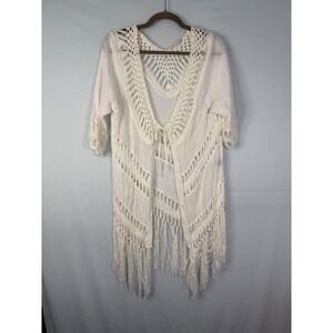 Hippie‎ Laundry Crochet Fringe Kimono Cardigan Womens Large White Boho T10224